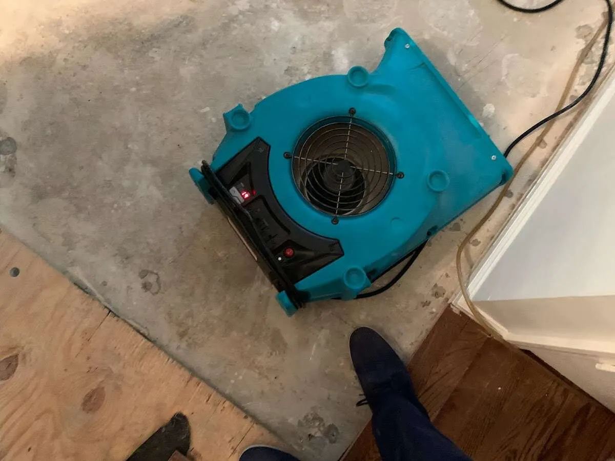 Air mover drying subfloor during Commercial Water Damage Restoration in Knoxville